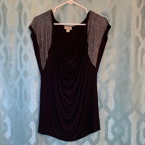 One World women’s size Large black short sleeve top, blingy shoulders